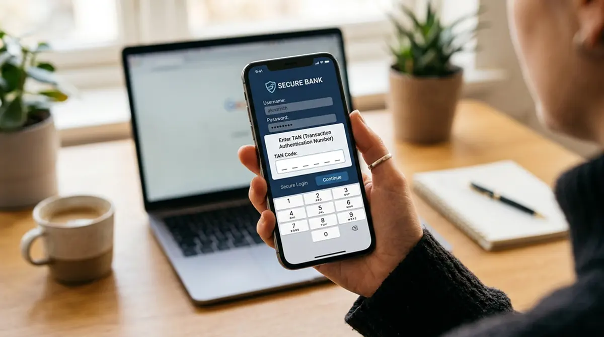 Smartphone mit Online-Banking-App zeigt Zahlungsfreigabe per TAN für Casino-Einzahlung
