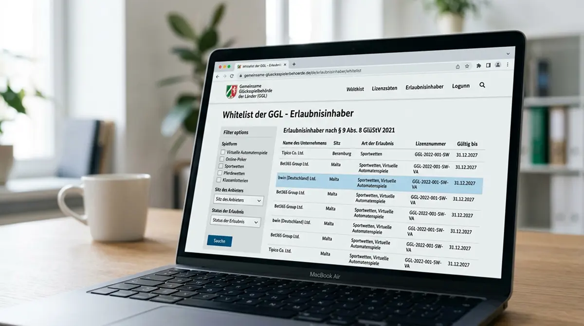 Offizieller Bildschirm der GGL-Whitelist zeigt lizenzierte Online-Casinos und Regulierungskriterien in Deutschland