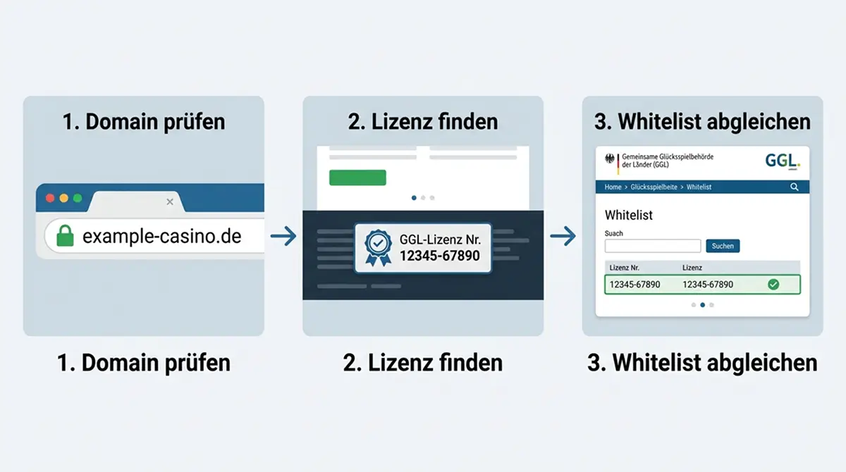 Drei-Schritte-Anleitung zur Verifizierung eines lizenzierten deutschen Online-Casinos über Domain, Lizenznummer und GGL-Whitelist