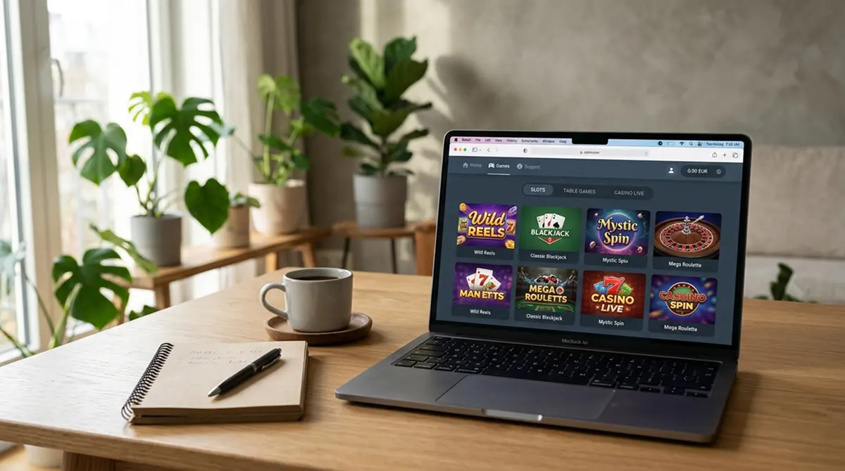 Laptop mit geöffnetem Browser und einem deutschen Online-Casino ohne Software-Download