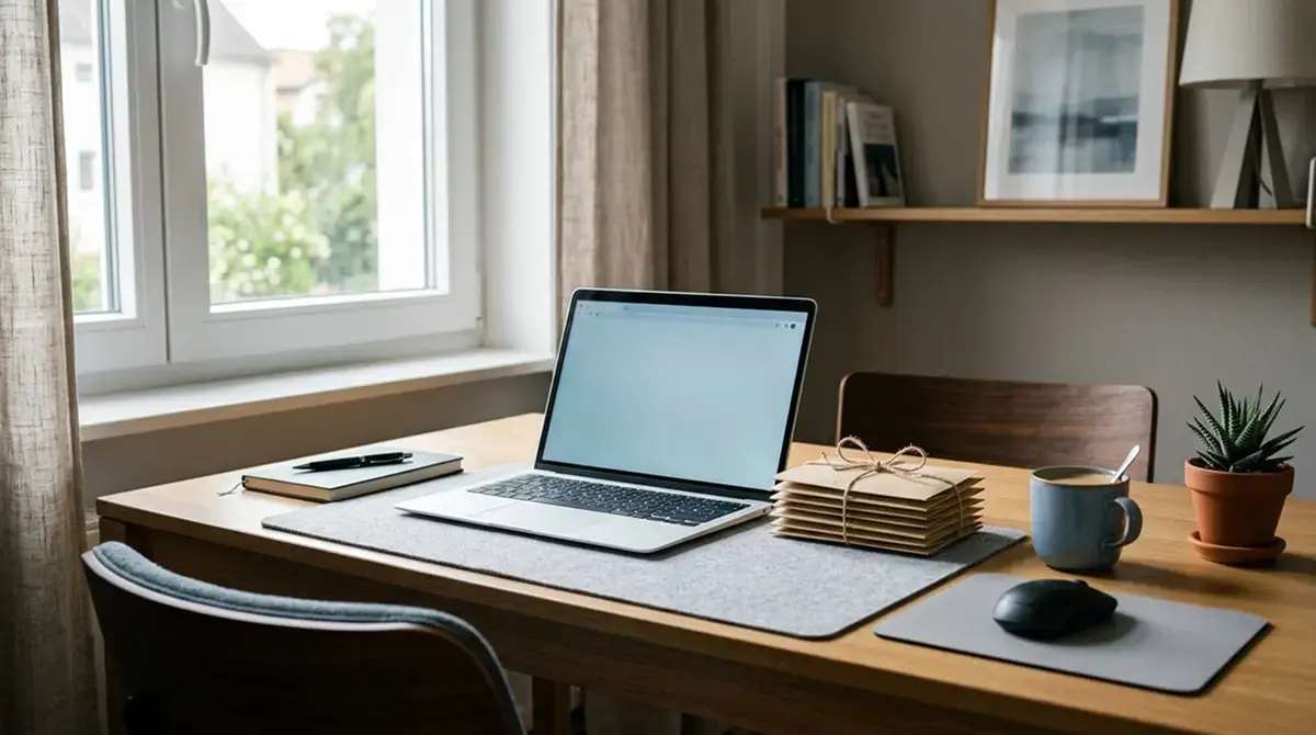 Heimarbeitsplatz mit Laptop und neutralen Depot-Briefumschlägen als Symbol für kleine Einzahlungen