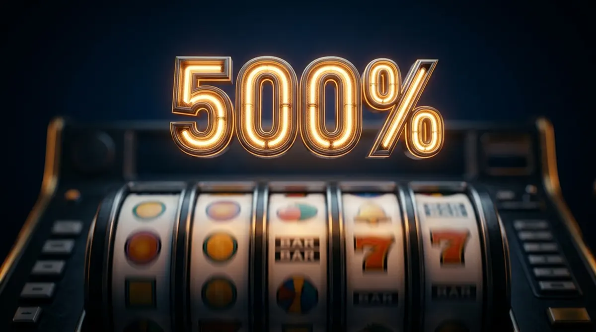 Leuchtendes 500-Prozent-Zeichen über Spielautomaten-Walzen als Symbol für den hohen Bonus
