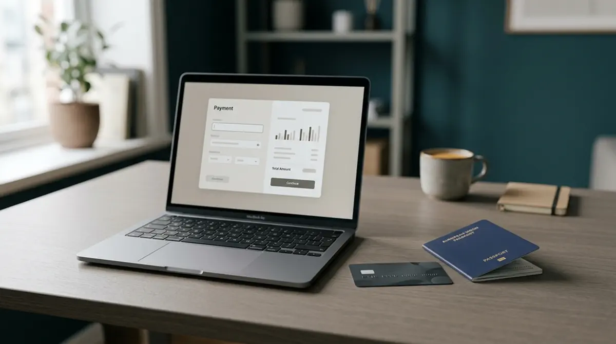 Laptop auf einem Schreibtisch mit einer Prepaid-Gutscheinkarte und einer deutschen Ausweis-Unterlage daneben