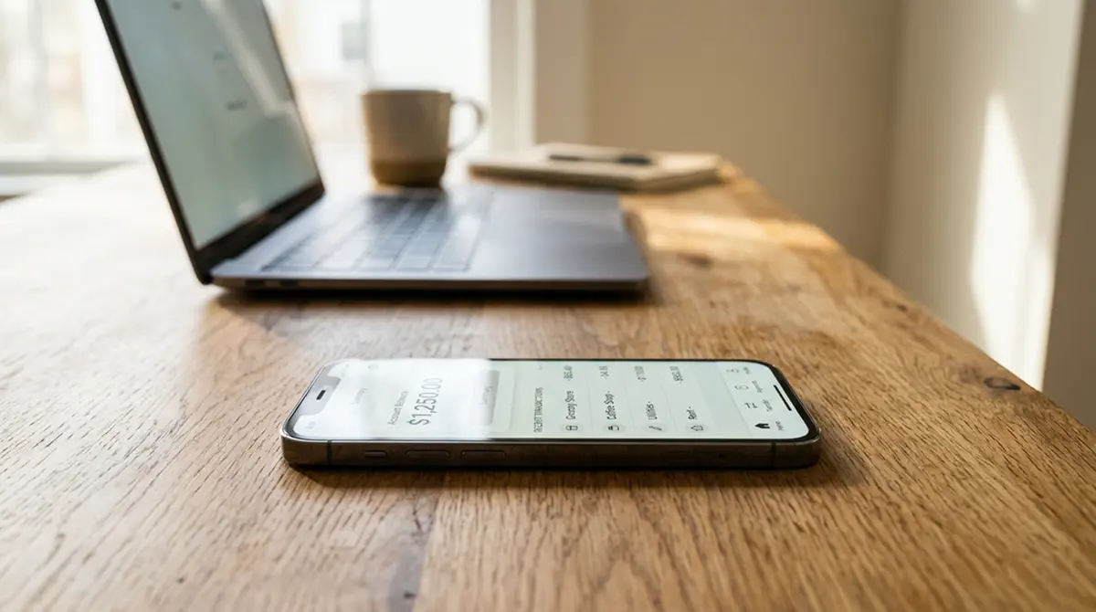 Smartphone mit geöffneter Banking-App und Zahlungsoptionen im Hintergrund eines aufgeräumten Schreibtischs