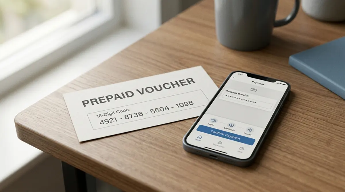 Prepaid-Code und Smartphone auf einem Tisch für die Einzahlung im Online Casino mit Paysafecard
