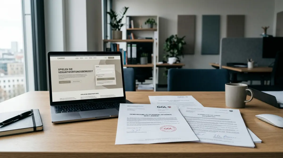Schreibtisch mit offiziellen GGL-Dokumenten und Laptop bei der Bonusauswahl