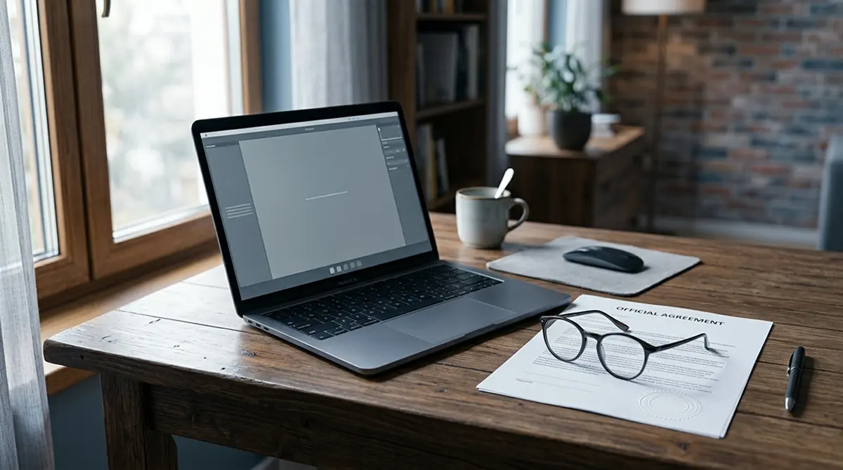 Schreibtisch mit Laptop und amtlichem Dokument zum Thema Online Casino ohne Begrenzung