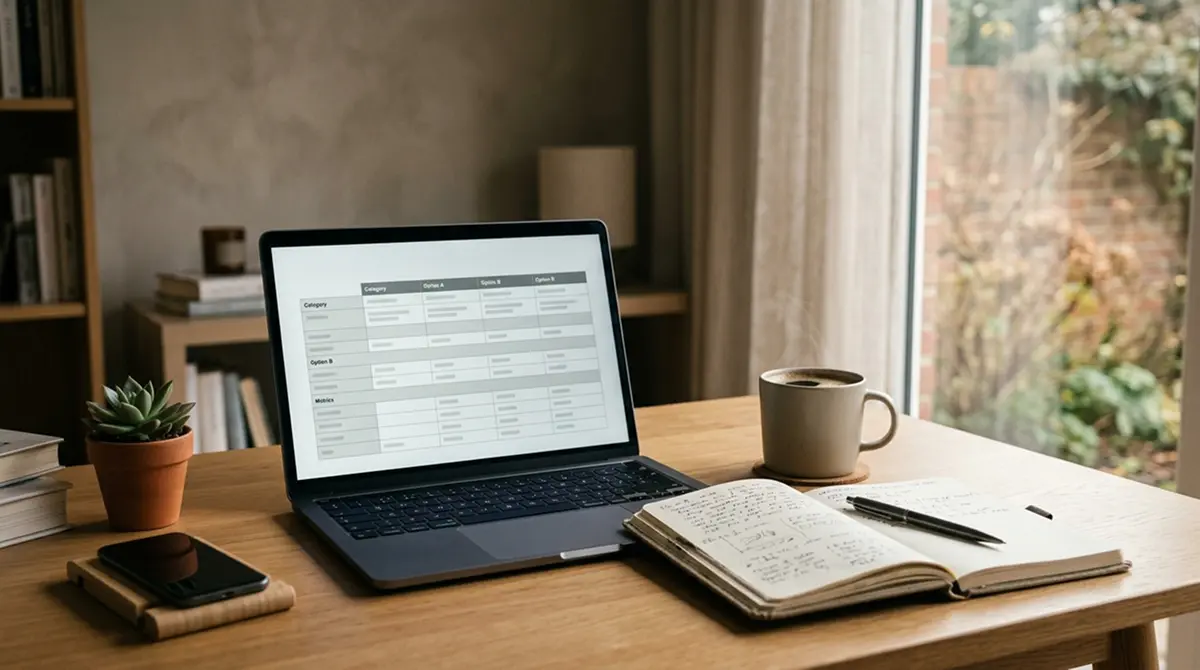 Schreibtisch mit einem Laptop, das eine neutrale Anbieter-Vergleichsansicht zeigt, daneben ein Notizblock und ein Kaffeebecher