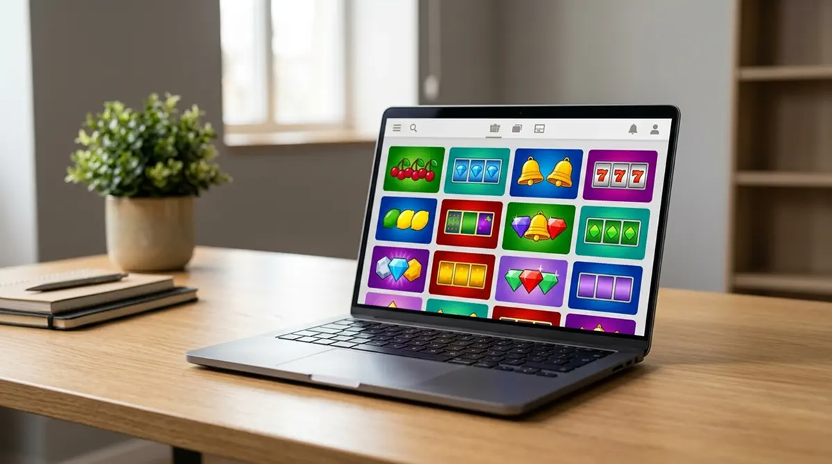 Laptop auf Schreibtisch mit generischer Online-Casino-Lobby-Ansicht ohne erkennbare Marken