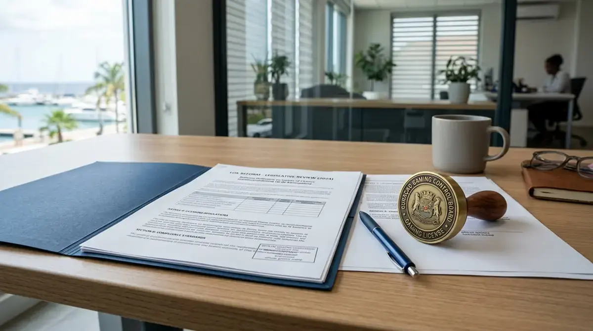 Offizielles Curaçao-Lizenz-Siegel mit Dokumenten zur LOK-Reform auf einem Schreibtisch