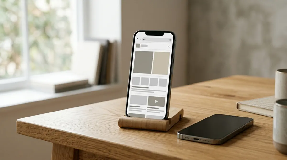 Smartphone im Hochformat mit geöffneter Browserseite auf einem Tisch