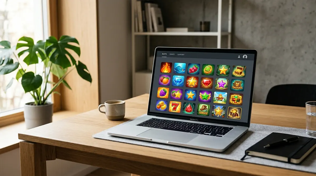 Laptop mit Online-Spielautomaten-Auswahl in deutschem lizenziertem Casino