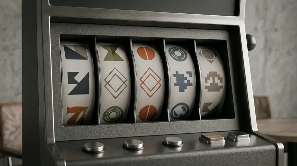 Stilisierte Spielautomat-Walzen mit neutralen Symbolen ohne Markennamen in warmem Studiolight
