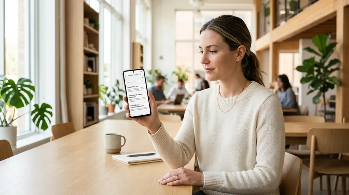 Person hält Smartphone mit offener Browser-Oberfläche, neutrales helles Büro im Hintergrund, kein Casino-Logo sichtbar
