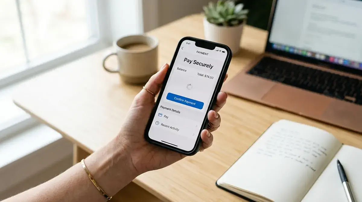 Smartphone mit neutraler Banking-App-Oberfläche auf einem aufgeräumten Schreibtisch, kein Firmenlogo sichtbar