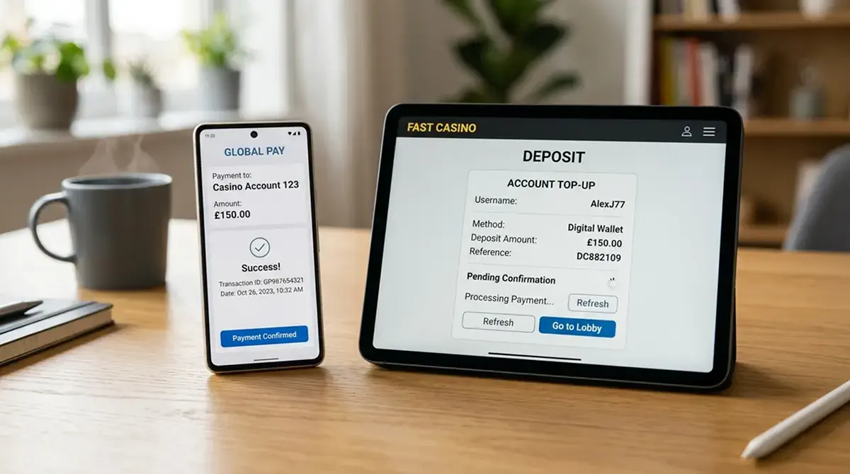 Smartphone mit PayPal-App neben Casino-Account-Bildschirm mit Einzahlungsoptionen