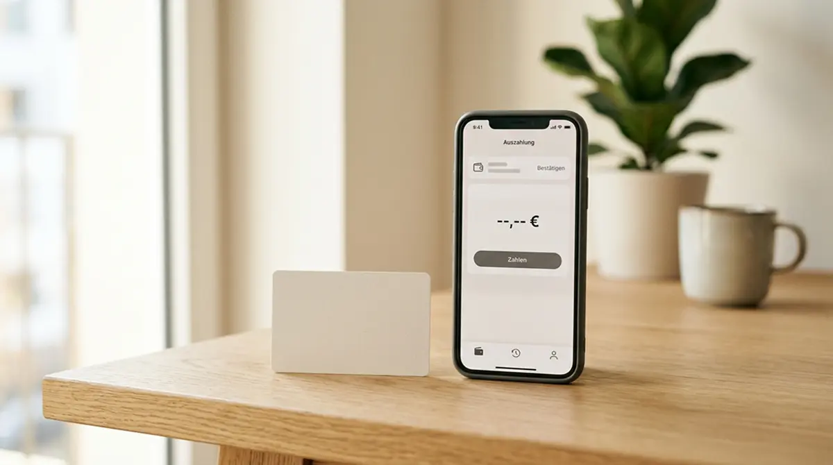 Smartphone mit neutraler Zahlungs-App neben einem Notizblock auf hellem Schreibtisch