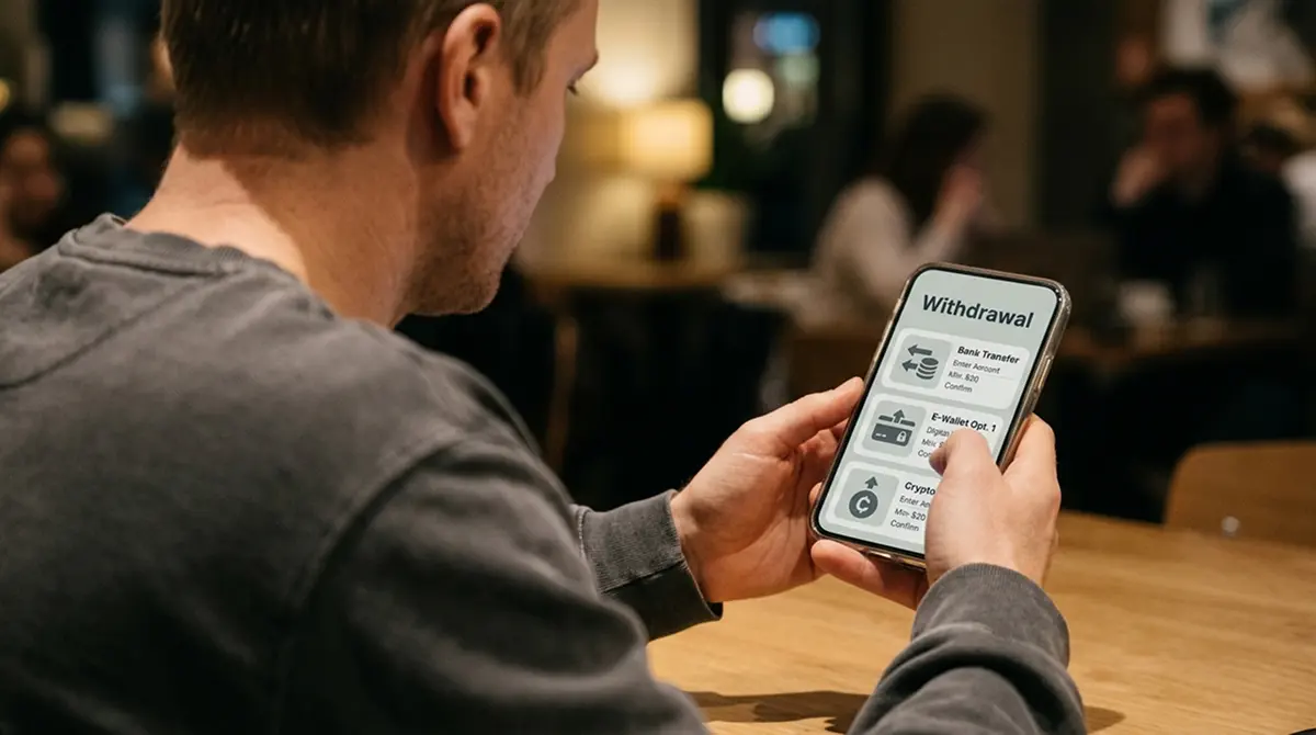 Person prüft Auszahlungsoptionen im Casino-Kassenbereich auf dem Smartphone