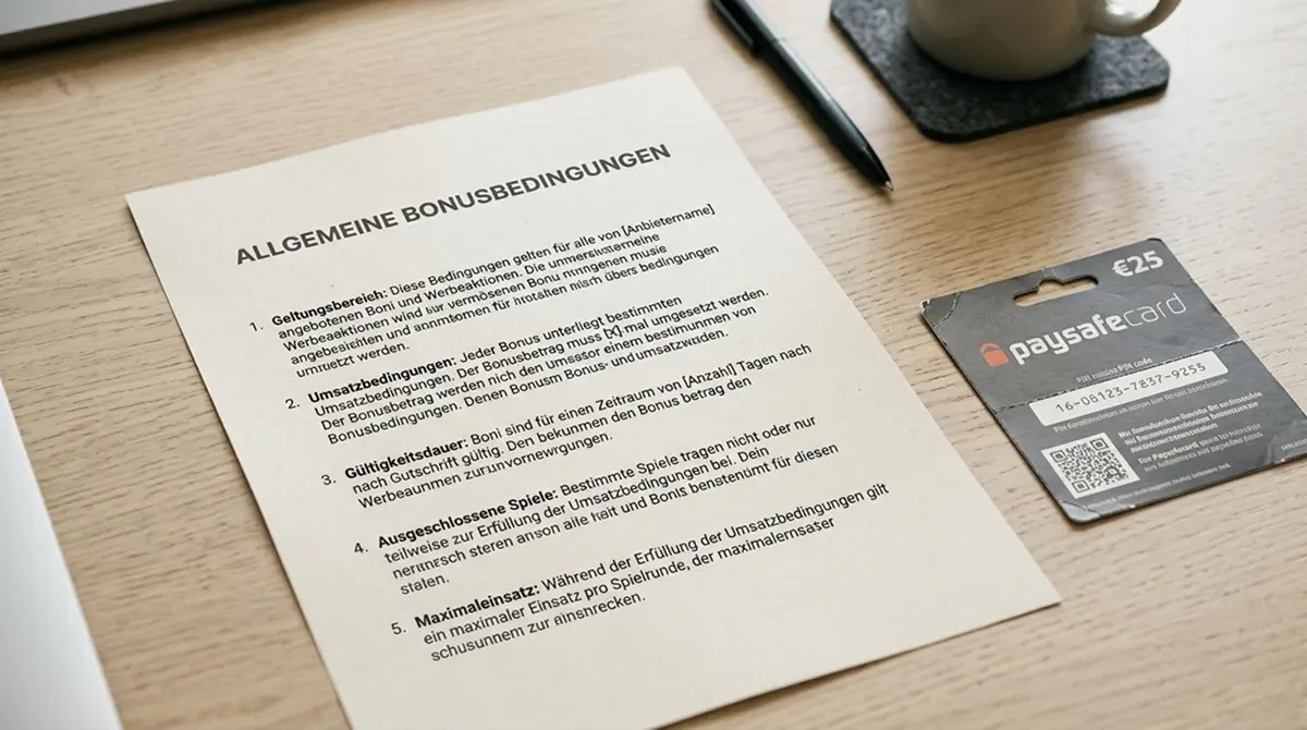 Bonusbedingungen-Dokument neben Paysafecard-Bon auf einem Tisch