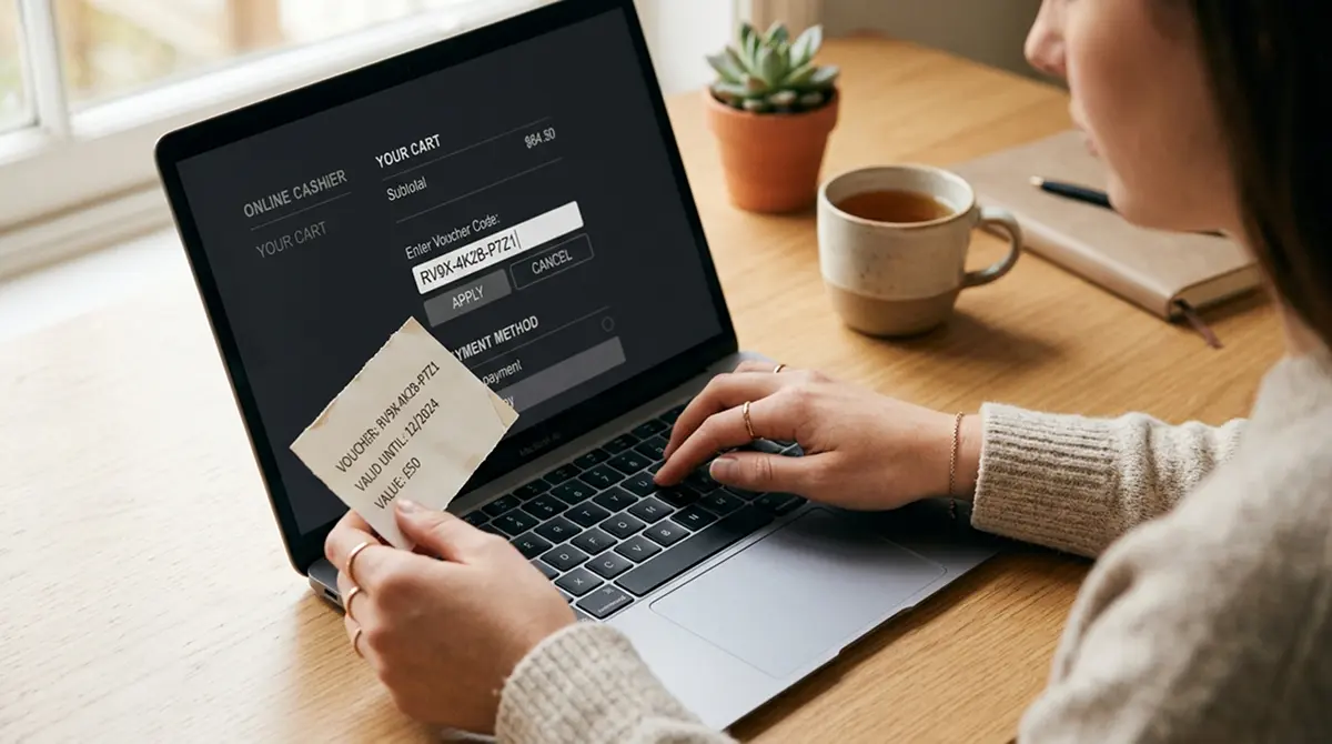Person gibt einen 16-stelligen Paysafecard-Code im Kassenbereich eines Online Casinos ein