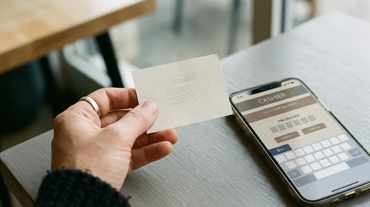 Hände mit einem generischen Prepaid-Voucher und Smartphone bei der Casino-Kasse