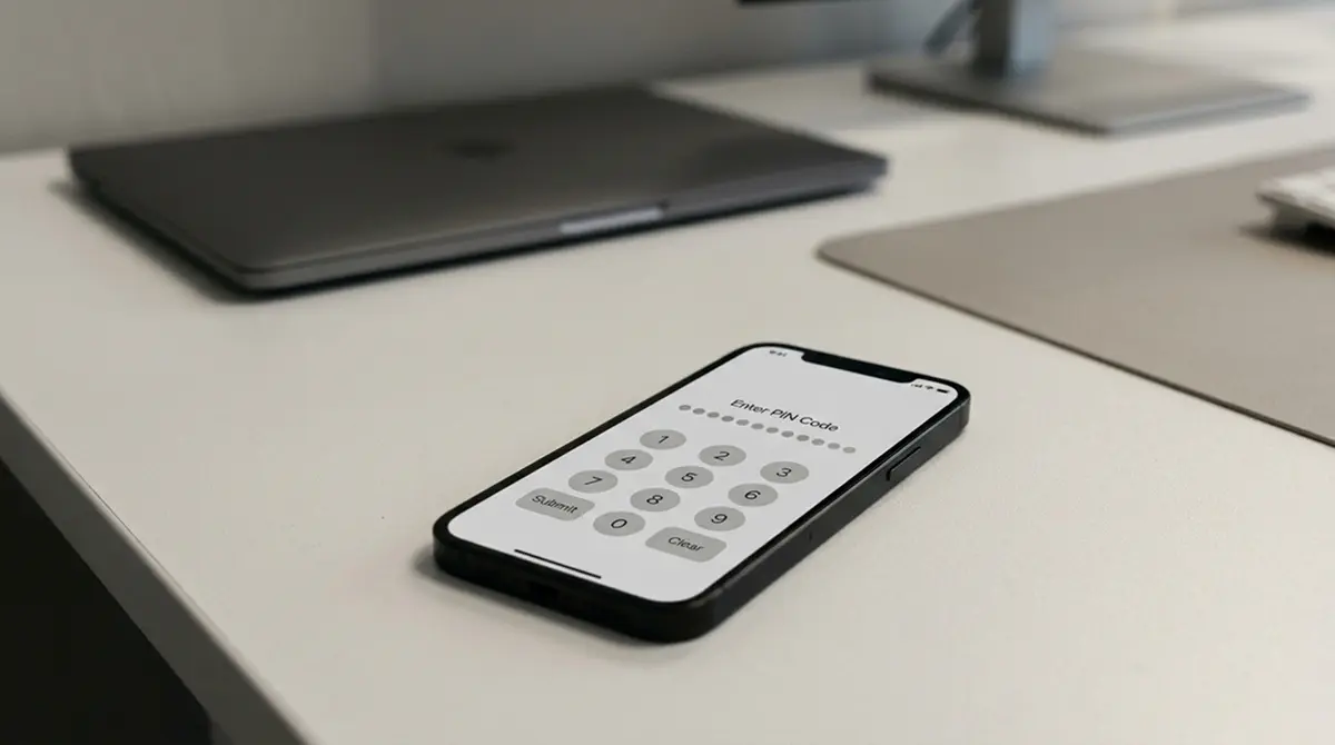 Paysafecard-PIN auf einem Smartphone-Display neben einem Laptop