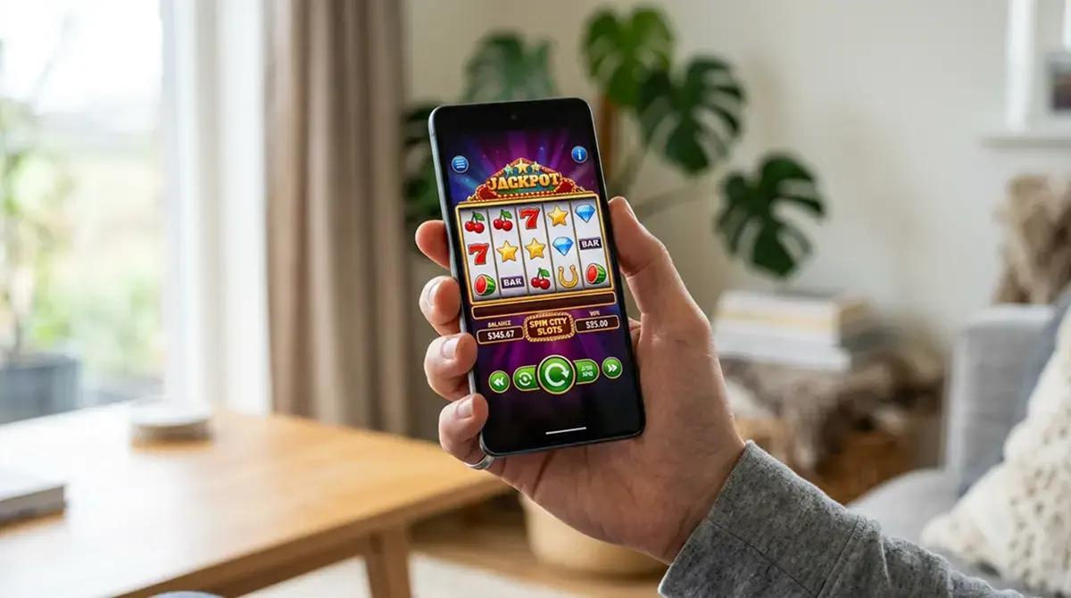 Person hält Smartphone im Hochformat, auf dem Bildschirm ist eine Casino-Benutzeroberfläche zu sehen, neutrales Tageslicht