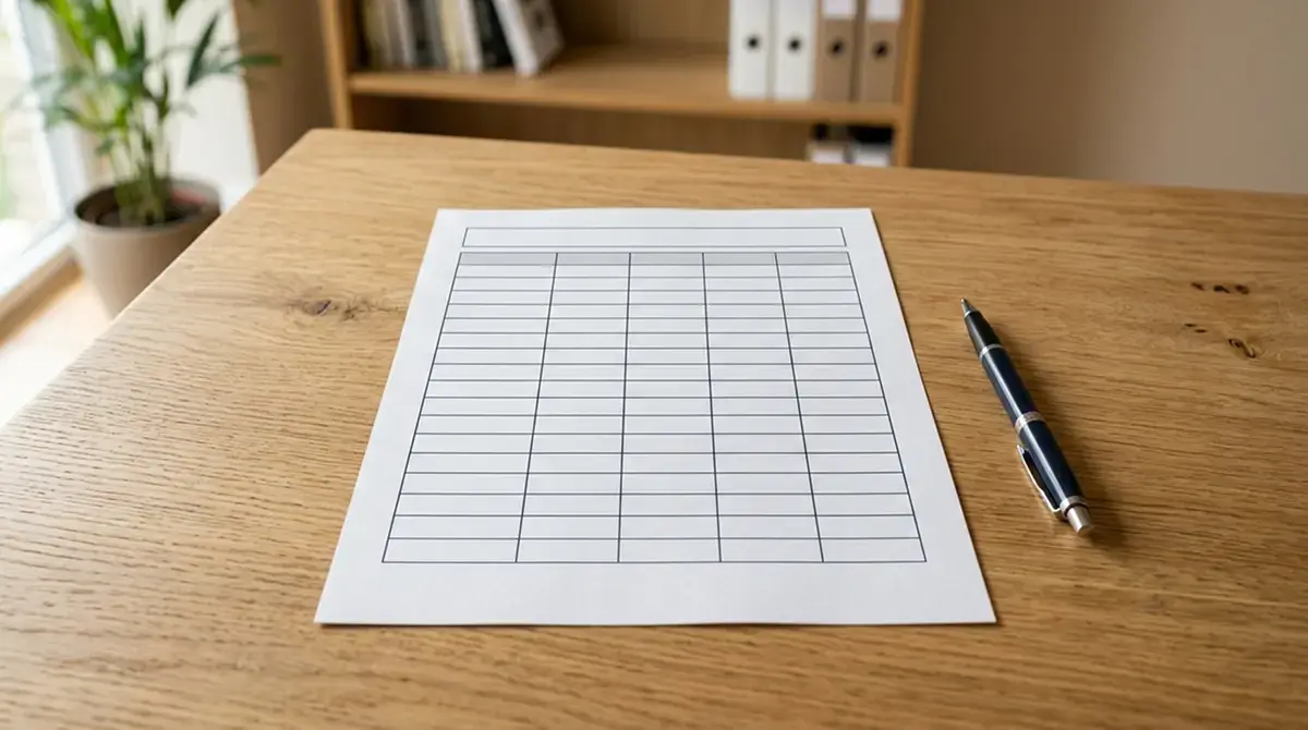 Ordentliche Übersichtstabelle auf Papier, daneben Stift und Notizblock, nüchterne Arbeitsszene