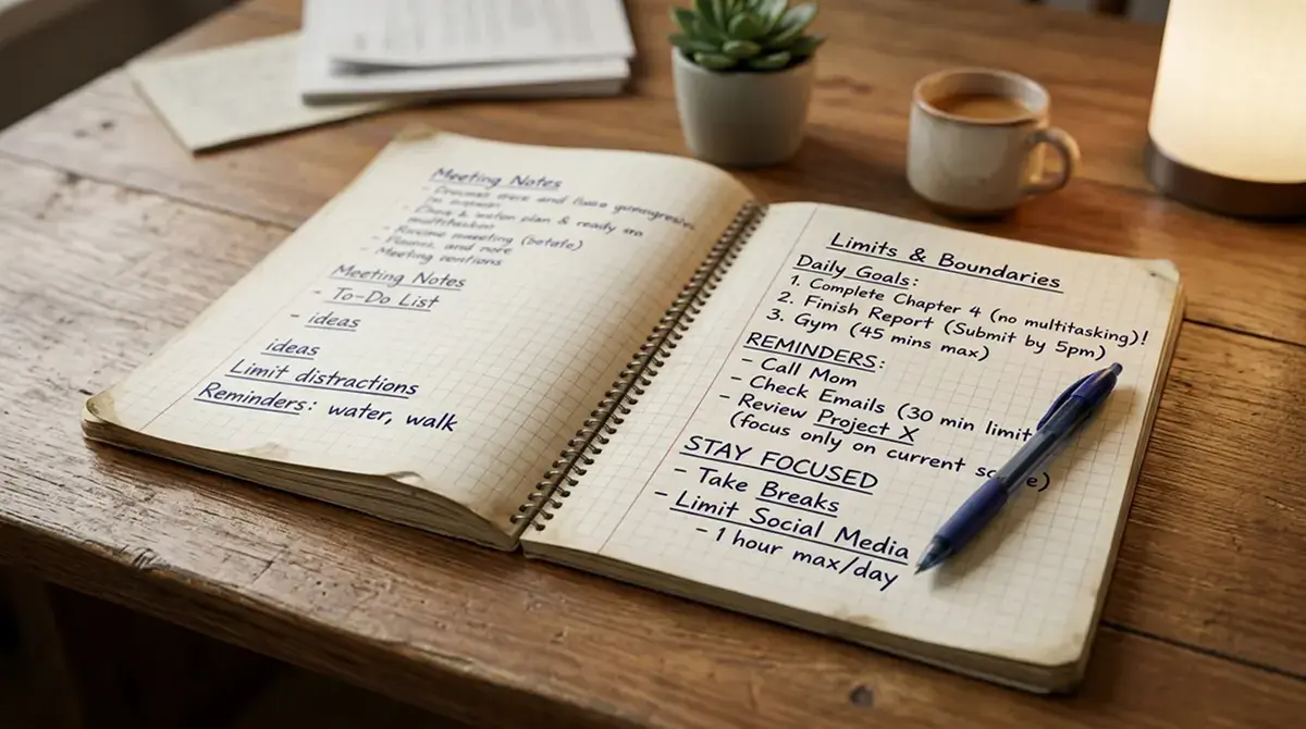 Ruhige Schreibtischszene: aufgeschlagenes Notizbuch mit handschriftlichen Notizen zu Limits, kein Branding