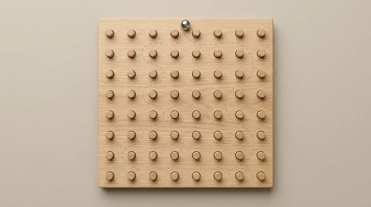 Schematische Darstellung eines Plinko-Stiftfelds mit 8 Reihen, Kugelpfade angedeutet, neutrale Darstellung ohne Branding