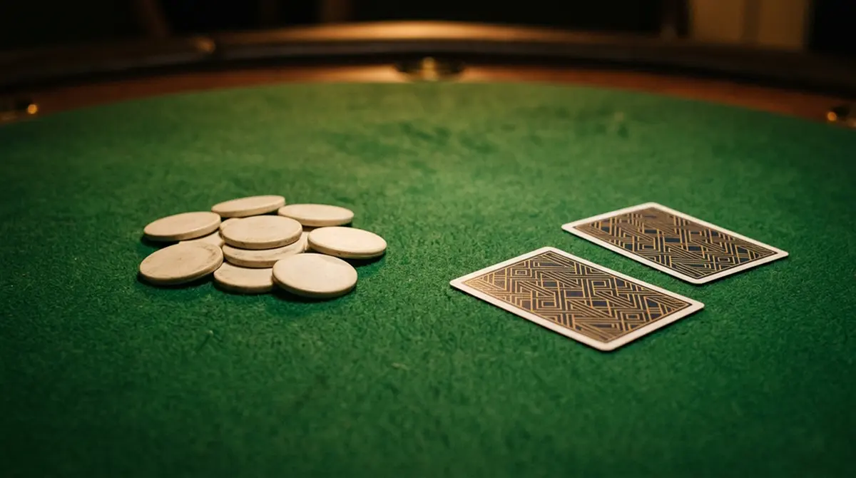 Grüner Spieltisch mit neutralen Karten und Jetons ohne Wertaufdruck