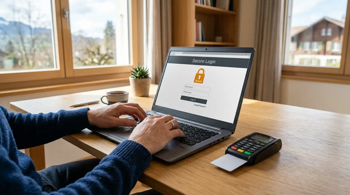Online-Casino Einzahlung mit PostFinance Pay – E-Finance-Login und Zahlungsbestätigung am Laptop