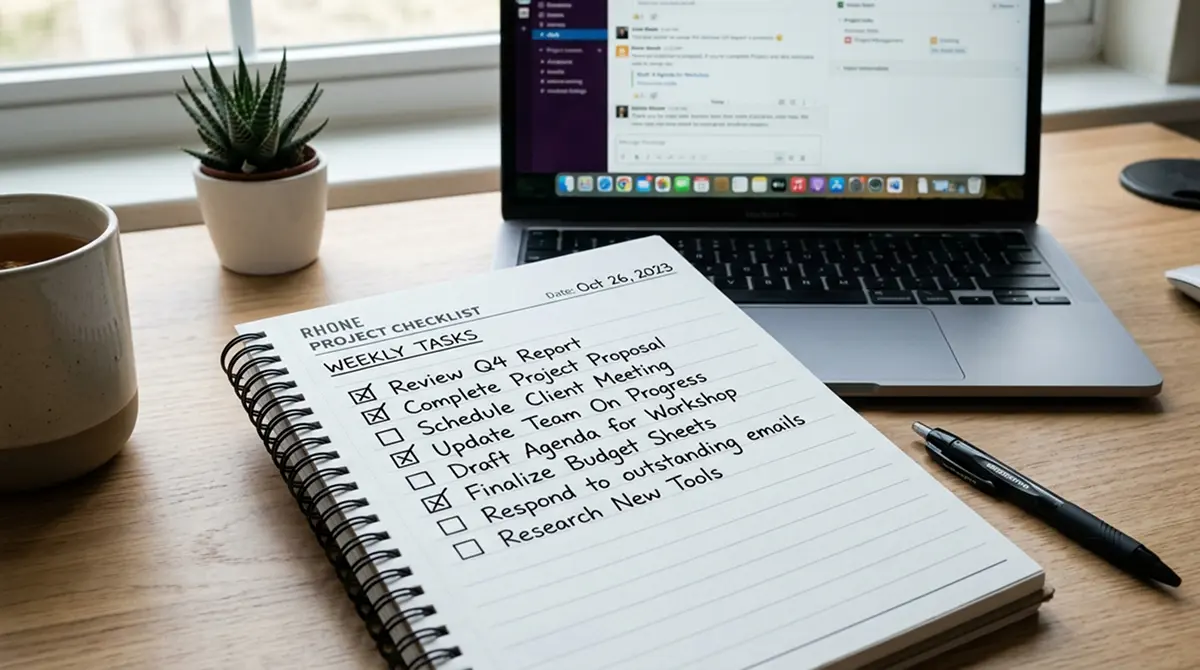 Checkliste auf einem Notizblock neben einem aufgeklappten Laptop