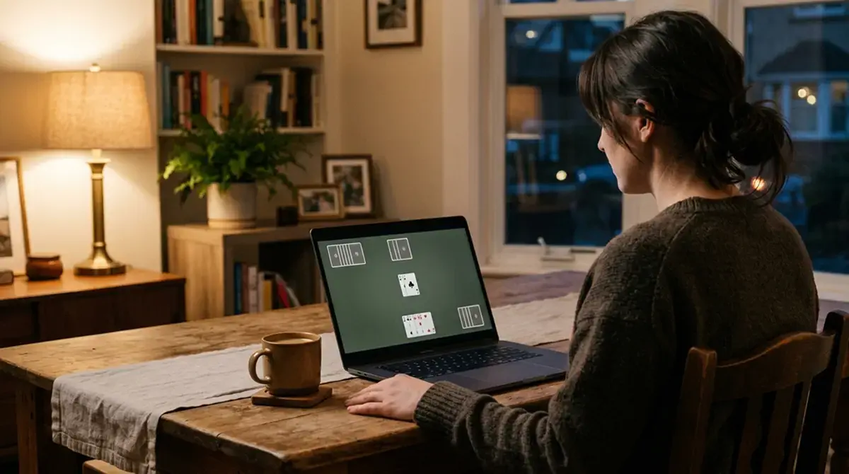 Person spielt Punto Banco im Demo-Modus am Laptop zu Hause