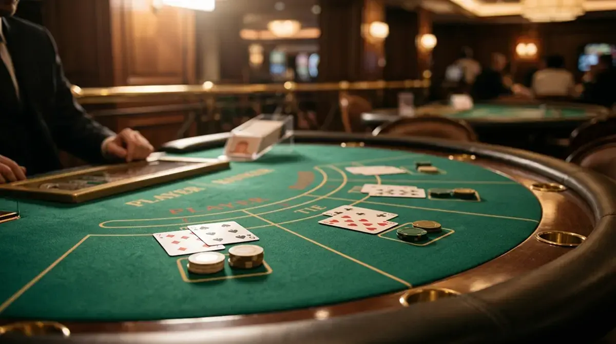 Punto Banco Kartentisch mit Chips in einem legalen Online Casino