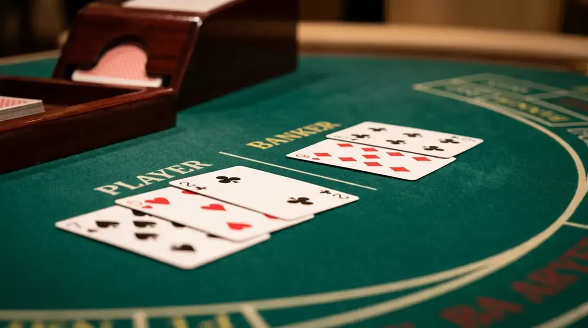Aufgedeckte Spielkarten am Punto-Banco-Tisch mit Punktzahlen