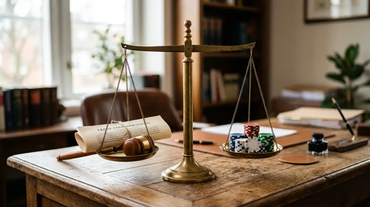 Waage mit Gesetzbuch und Casino-Chips symbolisiert rechtliche Abwägung