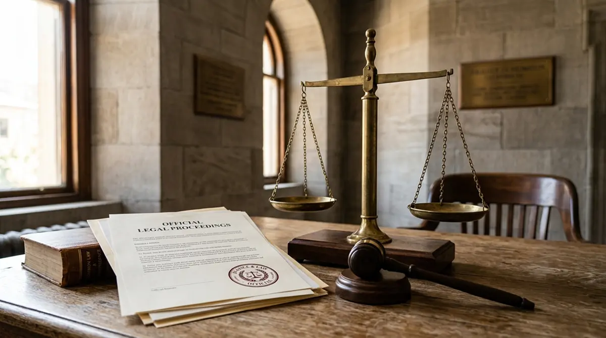 Gerichtsgebäude mit Waage-Symbol und Dokumenten mit Siegel
