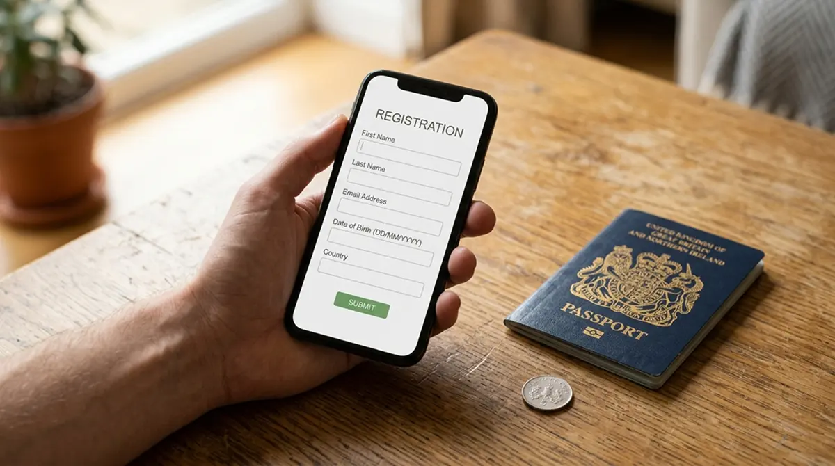 Handybildschirm in der Hand mit Casino-Registrierungsformular, daneben Reisepass und eine kleine Münze als Größenreferenz, neutrale Beleuchtung, kein erkennbares Casino-Branding