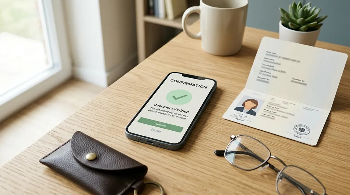 Smartphone mit Bestätigungs-Mail und Ausweis auf dem Schreibtisch daneben