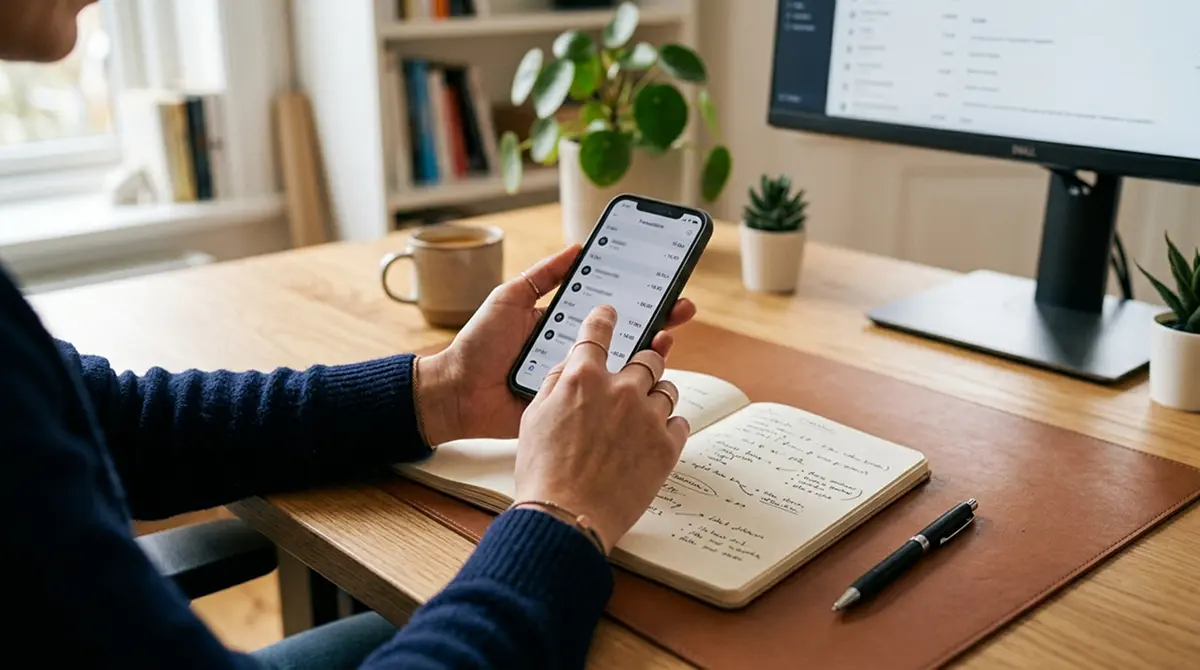 Person prüft am Schreibtisch einen Transaktionsverlauf auf dem Smartphone neben Notizen