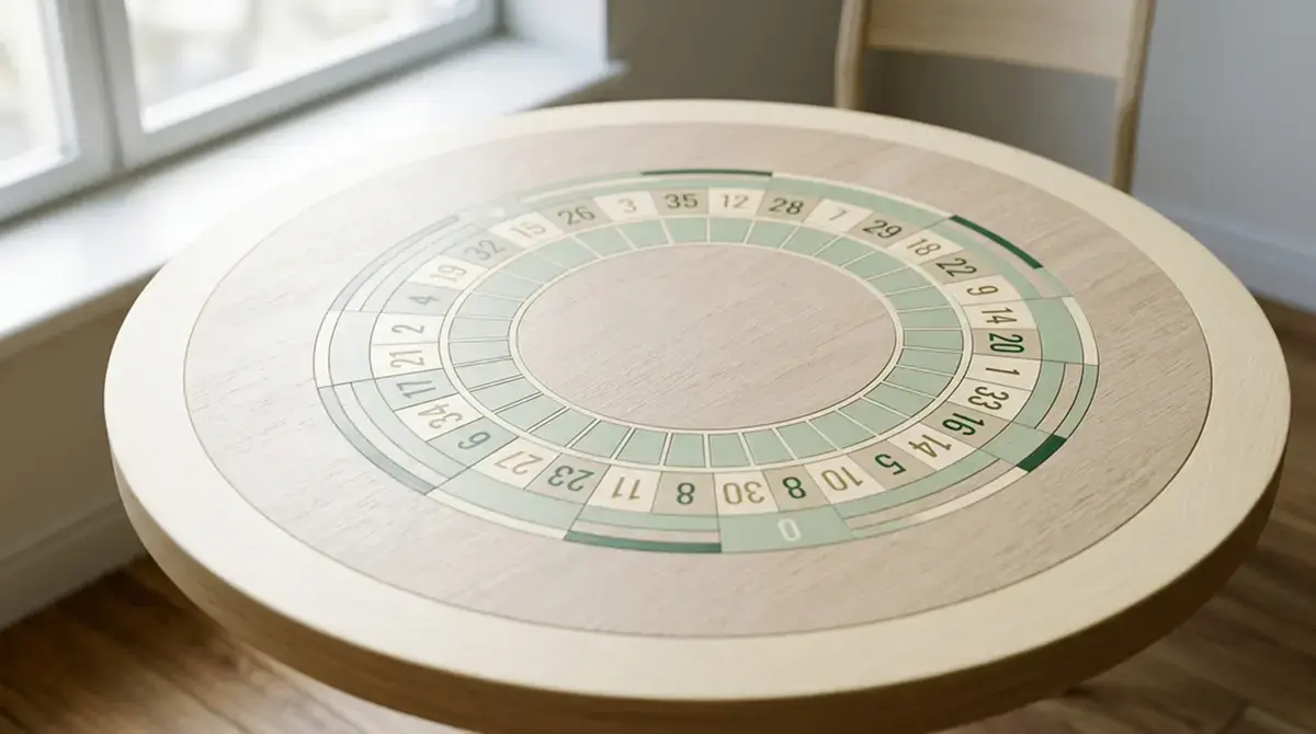 Ein stilisierter runder Tisch mit einer abstrakten Zahlenreihe ohne echte Roulette-Rad-Elemente, gedämpftes Licht
