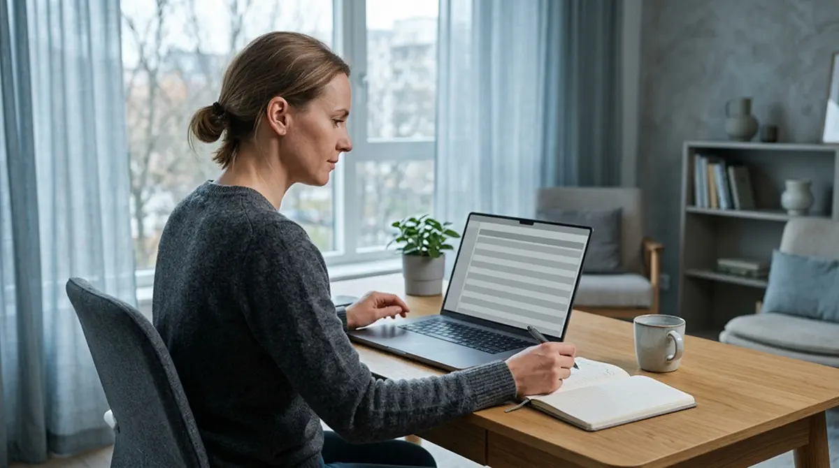 Person am Laptop prüft eine neutrale Übersichtsliste zugelassener Anbieter