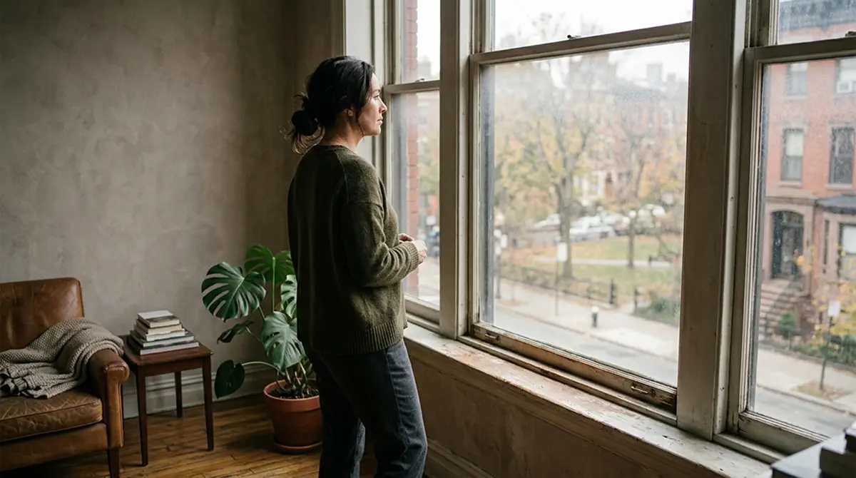 Nachdenkliche Person am Fenster als Sinnbild für eine bewusste Spielpause