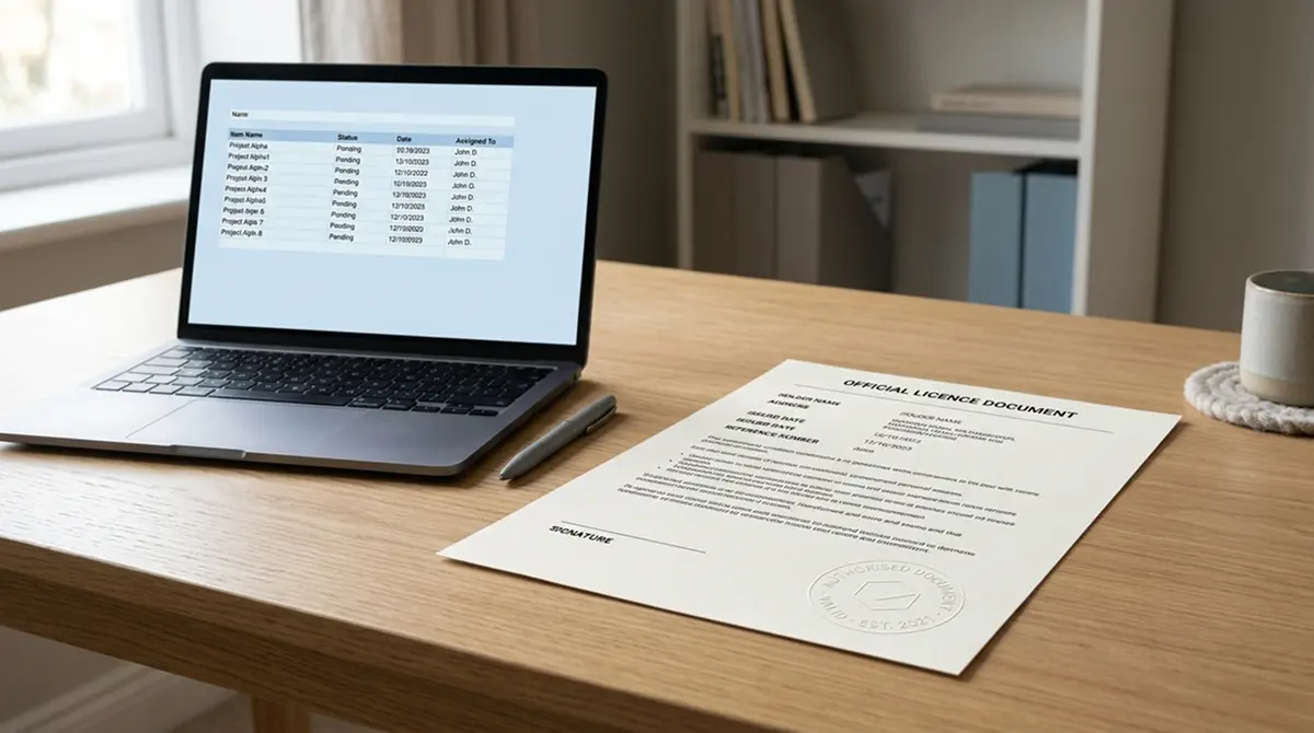 Neutrales Lizenzdokument mit amtlichem Stempel neben einem Laptop mit Anbieterliste