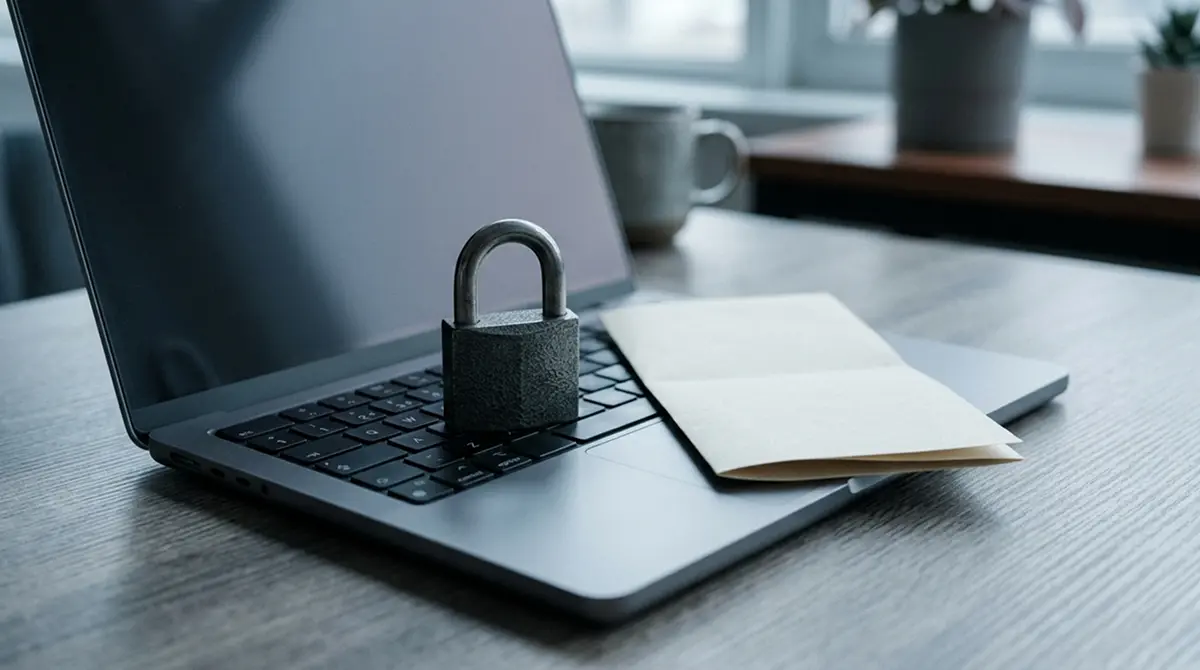 Geschlossenes Vorhängeschloss auf einer Laptoptastatur als Sinnbild für sichere Bankzahlung