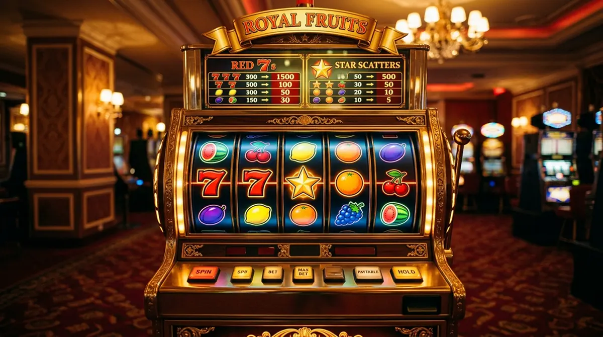 Klassischer Fruchtautomat mit roten Siebenen und Stern-Symbol im deutschen Online Casino