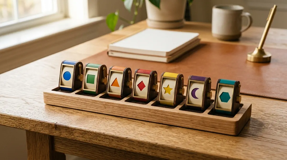 Übersichtstafel mit sieben Spielautomaten-Symbolen und technischen Daten
