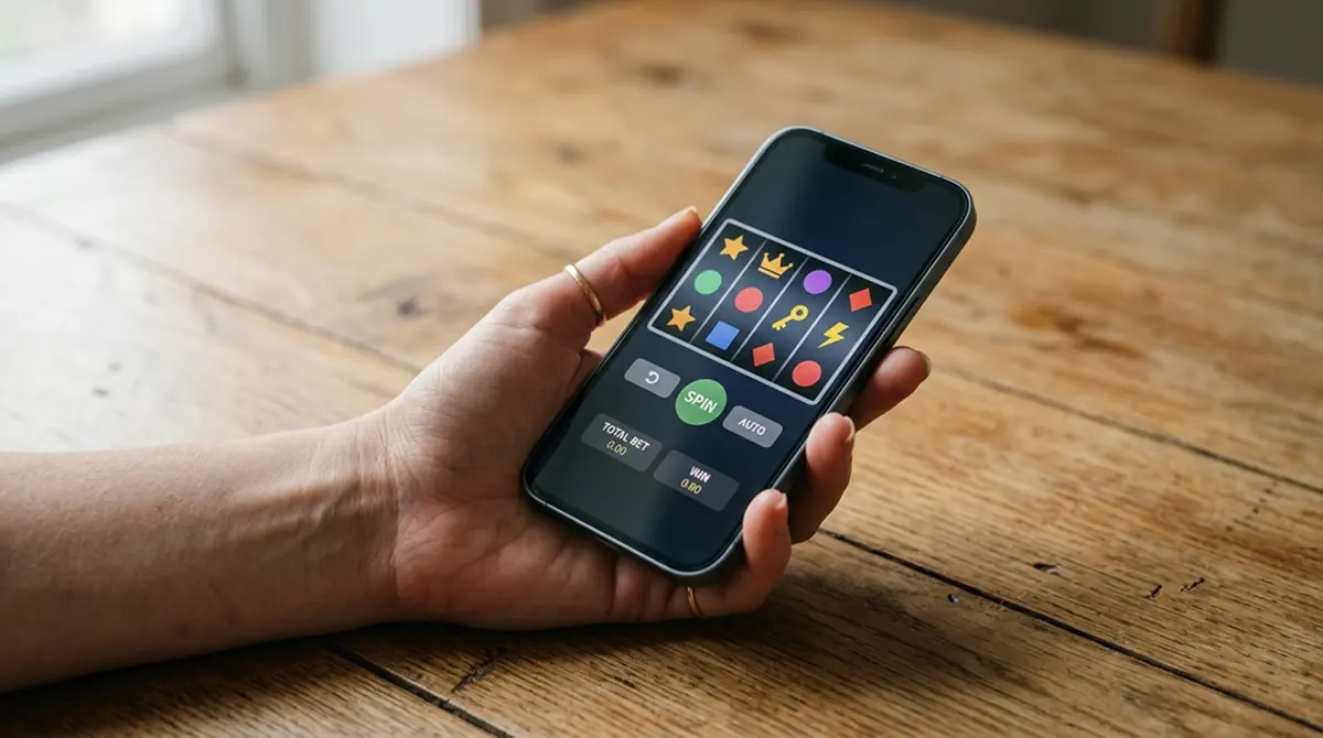 Smartphone mit einem Slot im Demo-Modus mit virtuellem Guthaben