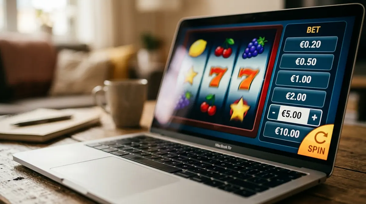 Nahaufnahme eines Spielautomaten-Bildschirms mit Einsatzauswahl und Spin-Button